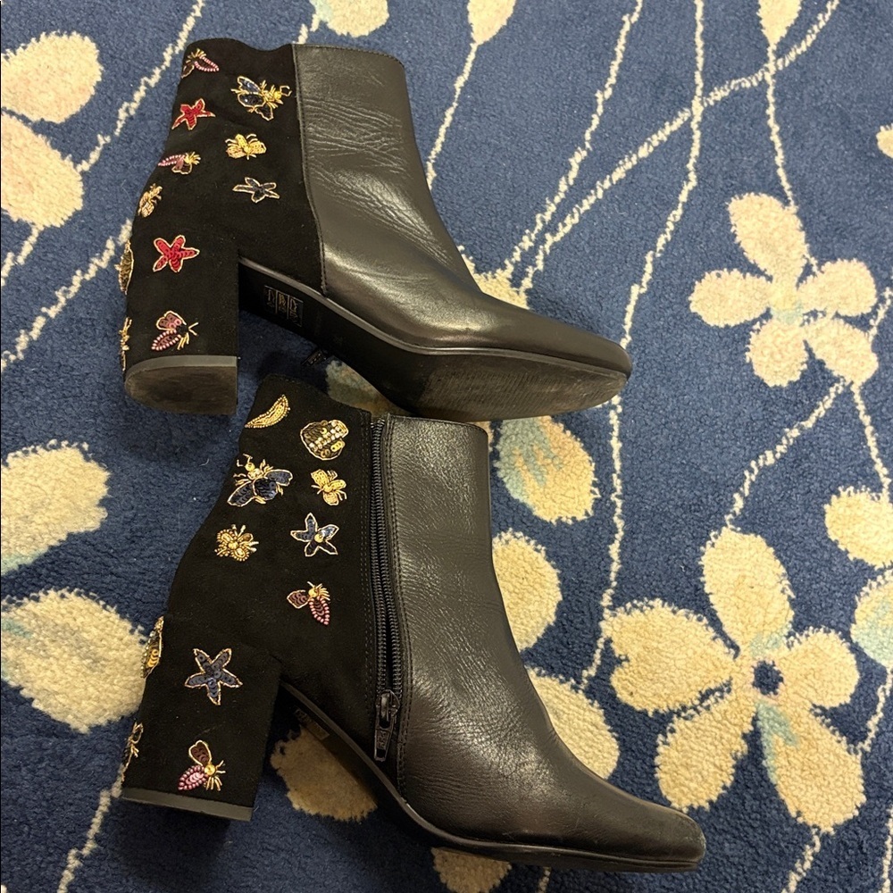 Anthropologie Embellished Black Leather Suede Booties